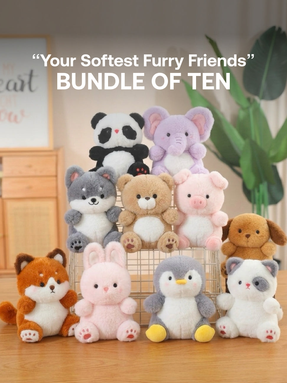 Plushie - 16cm Tall - Panda, Elephant, Husky, Teddy Bear, Piggie, Doggy, Fox, Bunny, Penguin, Kitty Plushie - “Your Softest Furry Friends” Bundle - Bundle of Ten