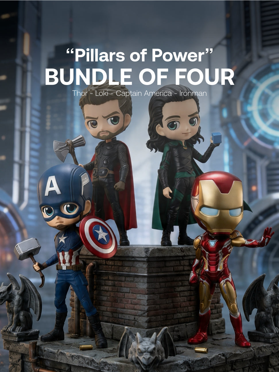 Marvel - Thor, Loki, Captain America, Ironman Qposket - “Pillars of Power” Bundle - Bundle of Four