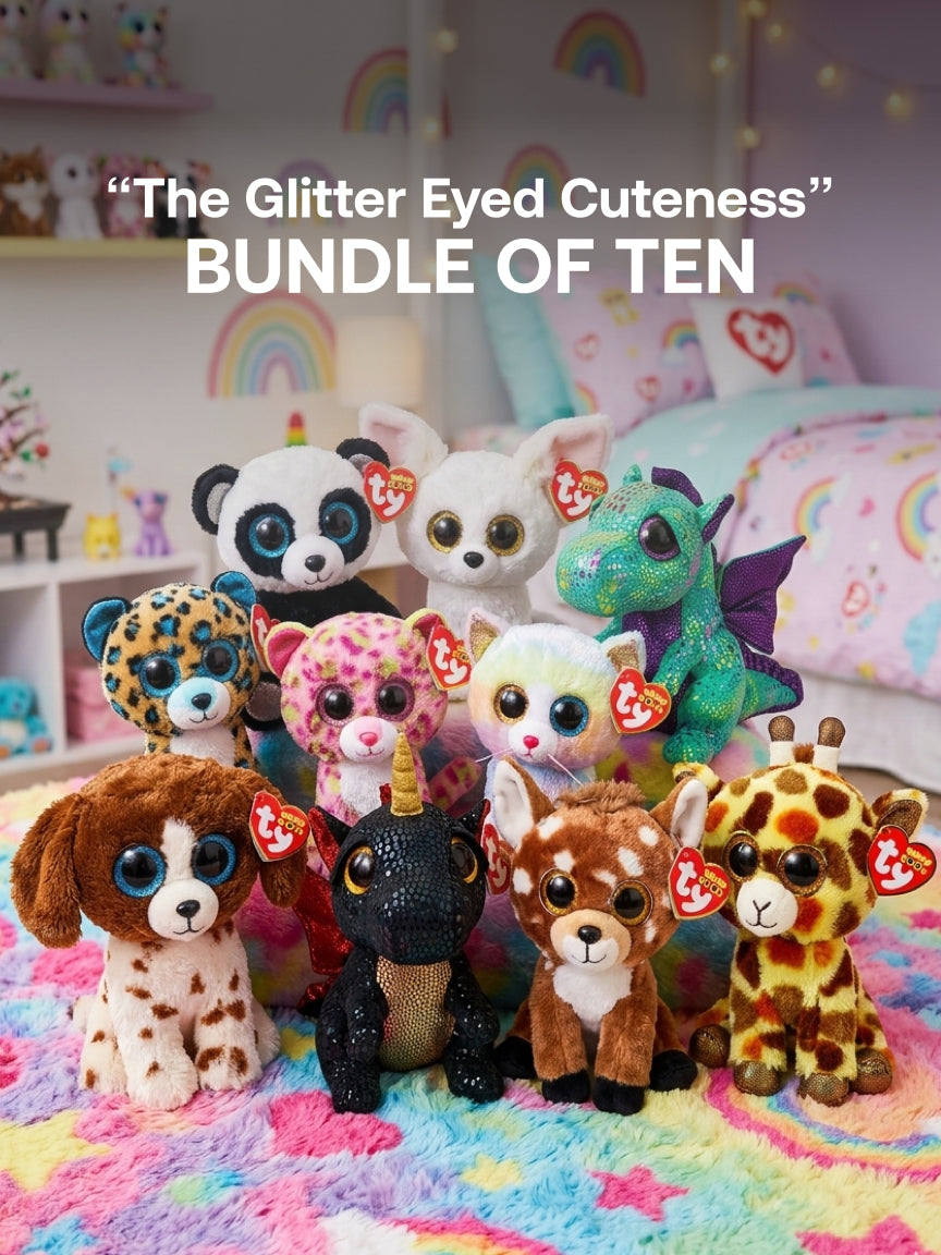Plushie - 10cm Tall - TY Beanie Boos - Nori, Sunset, Pixy, Cinder, Cobalt, Lainey, Grindal, River, Rufus, Giselle Plushie - “The Glitter Eyed Cuteness” Bundle - Bundle of Nine
