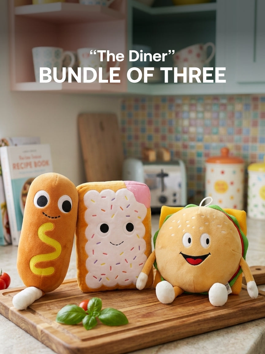 Plushie - 40cm Tall - Delicious Burger Plushie, Hotdog Plushie, Happy Biscuit Plushie - âThe Dinerâ Bundle - Bundle of Three