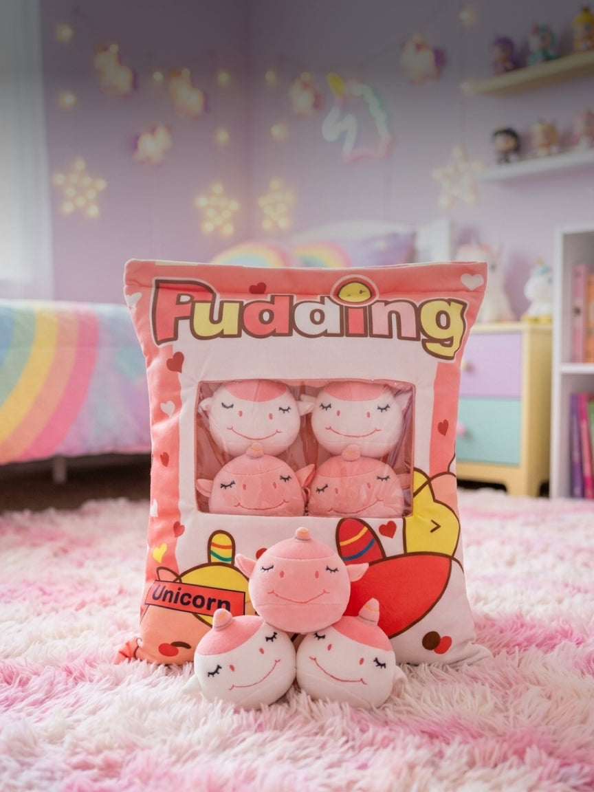 Plushie - Bag of Unicorn Pudding Plushie - Multiple Mini Soft Plushies Inside - 25cm Tall