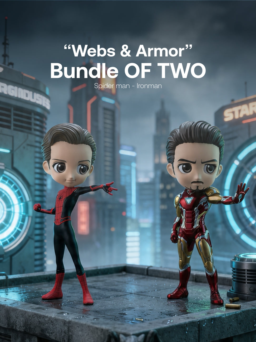 Marvel - Spiderman Unmasked, Ironman Unmasked Qposket - “Webs & Armour” Bundle - Bundle of Two