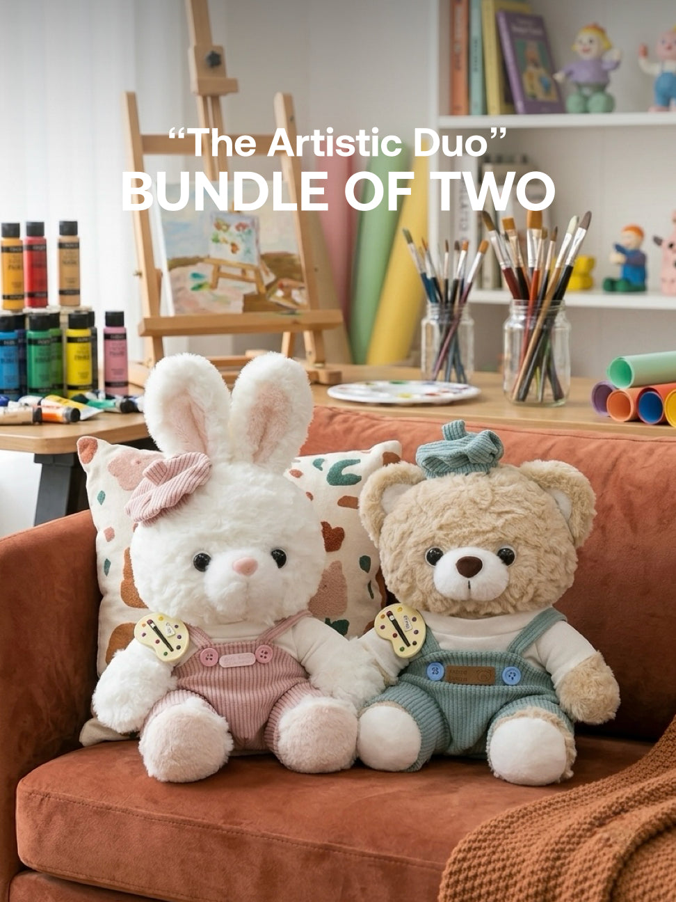 Plushie - 25cm Tall - Artistic Teddy Bear, Artistic Bunny Plushie - “The Artistic Duo” Bundle - Bundle of Two