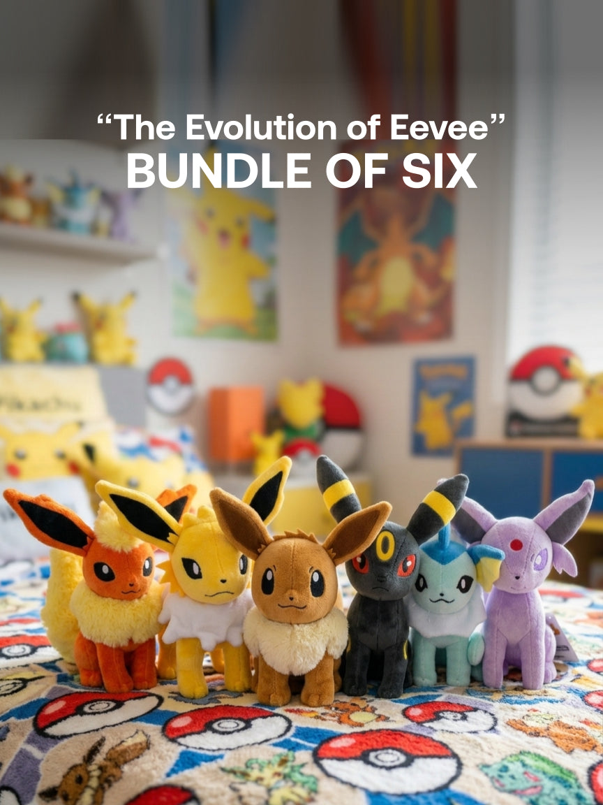 Pokemon - 20cm Tall - Eevee, Jolteon, Flareon, Vaporeon, Espeon, Umbreon Plushie - “The Evolution of Eevee ” Bundle - Bundle of Six