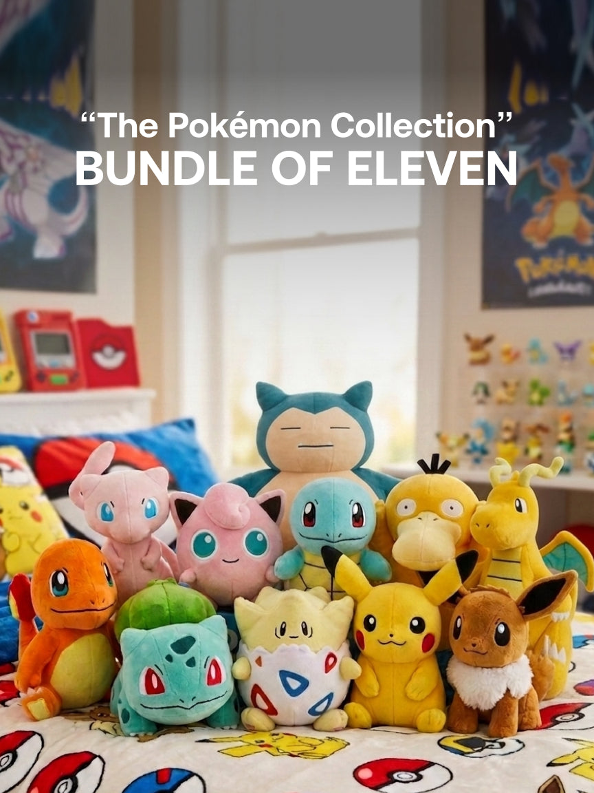 Pokemon - 20cm Tall - Pikachu, Eevee, Psyduck, Squirtle, Jigglypuff, Togepi, Mew, Bulbasaur, Charmander, Dragonite, Snorlax Plushie - “The Pokémon Collection” Bundle - Bundle of Eleven
