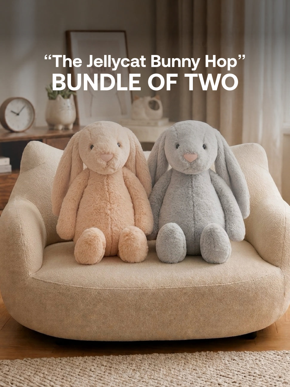 Plushie -Jellycat - 30cm Tall - Pink Bunny, Grey Bunny Plushie - “The Jellycat Bunny Hop” Bundle - Bundle of Two