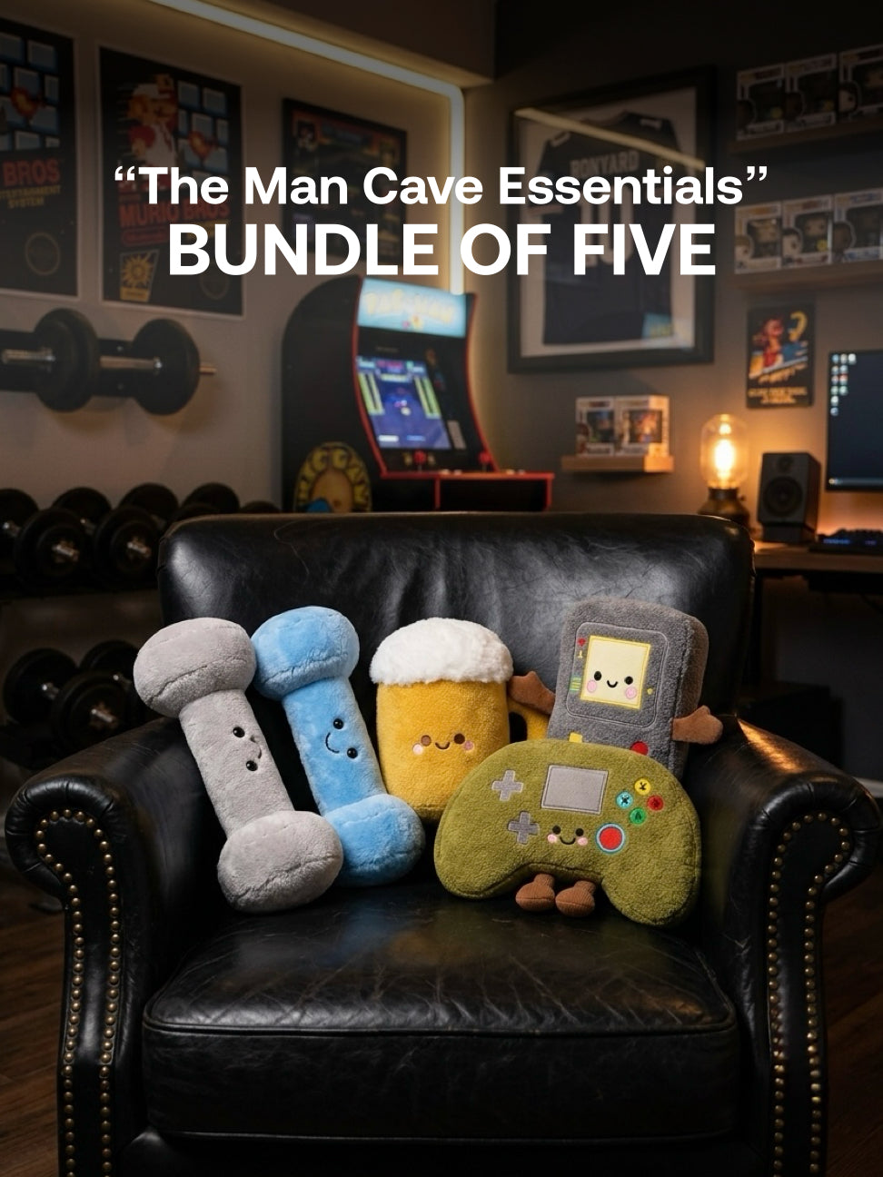Plushie - 20cm Tall - Dumbbells, Controller, Beer, Gameboy Plushie - “The Man Cave Essentials” Bundle - Bundle of Five