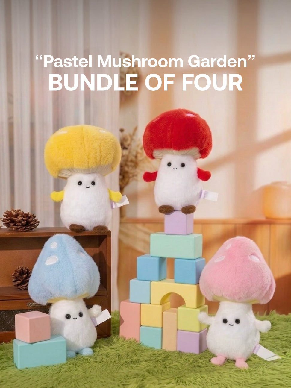 Plushie - 20cm Tall - Yellow Mushroom, Pink Mushroom, Red Mushroom, Blue Mushroom Plushie - “Pastel Mushroom Garden” Bundle - Bundle of Four