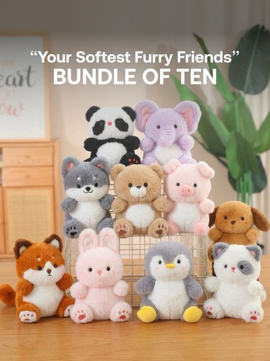 Plushie - 16cm Tall - Panda, Elephant, Husky, Teddy Bear, Piggie, Doggy, Fox, Bunny, Penguin, Kitty Plushie - “Your Softest Furry Friends” Bundle - Bundle of Ten