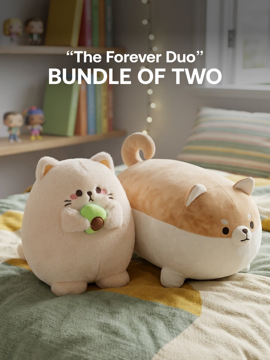 Plushie - 40cm and 20cm Tall - XL Super Soft Shiba Plushie, Kitty & Avocado Plushie - “The Forever Duo” Bundle - Bundle of Two