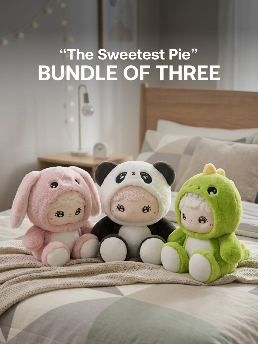 Plushie - 23cm Tall - Panda, Bunny, Dino Plushie - “The Sweetest Pie” Bundle - Bundle of Three