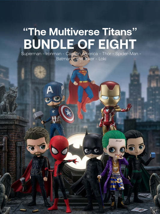 DC & Marvel - Superman, Ironman, Captain America, Thor, Spider-Man, Batman, The Joker, Loki Qposket - “The Multiverse Titans” Bundle - Bundle of Eight