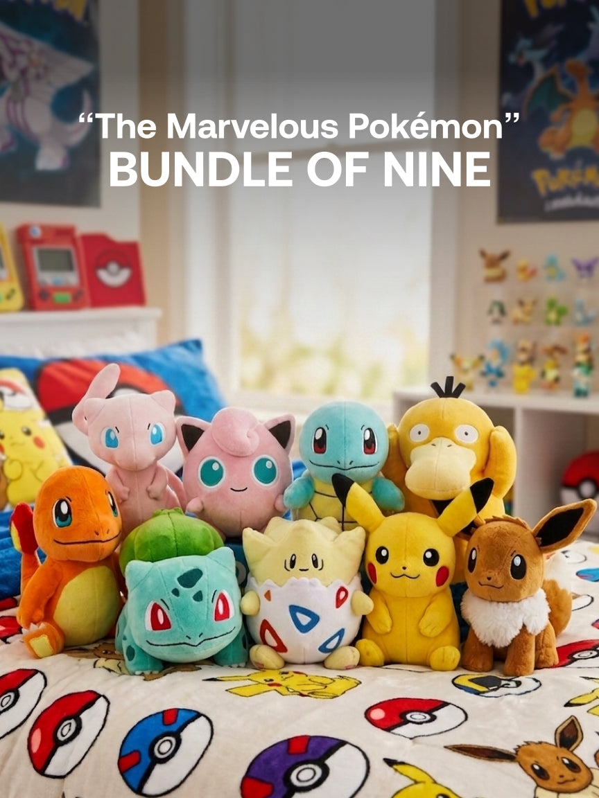 Pokemon - 20cm Tall - Pikachu, Eevee, Psyduck, Squirtle, Jigglypuff, Togepi, Mew, Bulbasaur, Charmander Plushie - “The Marvelous Pokémon” Bundle - Bundle of Nine