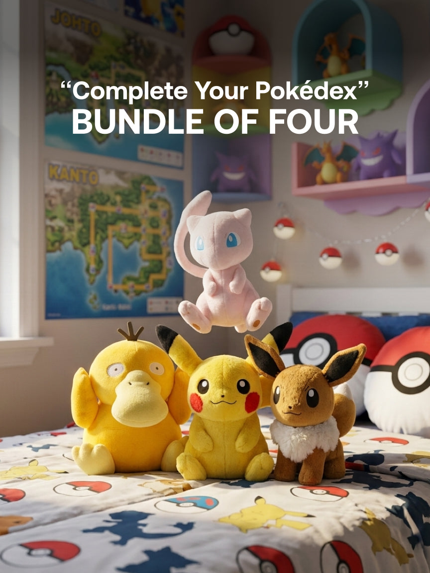 Pokemon - 20cm Tall - Pikachu, Eevee, Psyduck, Mew Plushie - “Complete Your Pokédex ” Bundle - Bundle of Four