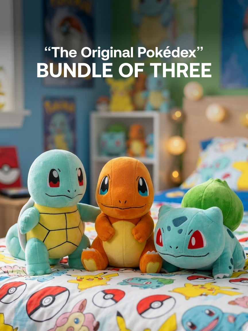 Pokemon - 20cm Tall - Squirtle, Bulbasaur, Charmander Plushie - “The Original Pokédex” Bundle - Bundle of Three