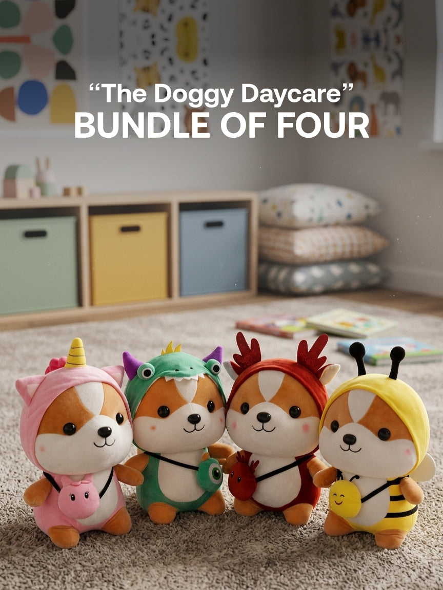 Plushie - 25cm Tall - Doggo in Bee Outfit Plushie, Doggo in Alien Outfit Plushie, Doggo in Unicorn Outfit Plushie, Doggo in Deer Outfit Plushie - “The Doggy Daycare” Bundle - Bundle of Four