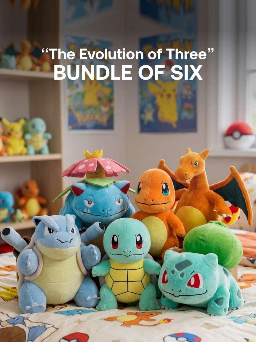 Pokemon - 20cm Tall - Charmander, Charizard, Squirtle, Blastoise, Bulbasaur, Venusaur Plushie - “The Evolution of Three” Bundle - Bundle of Six