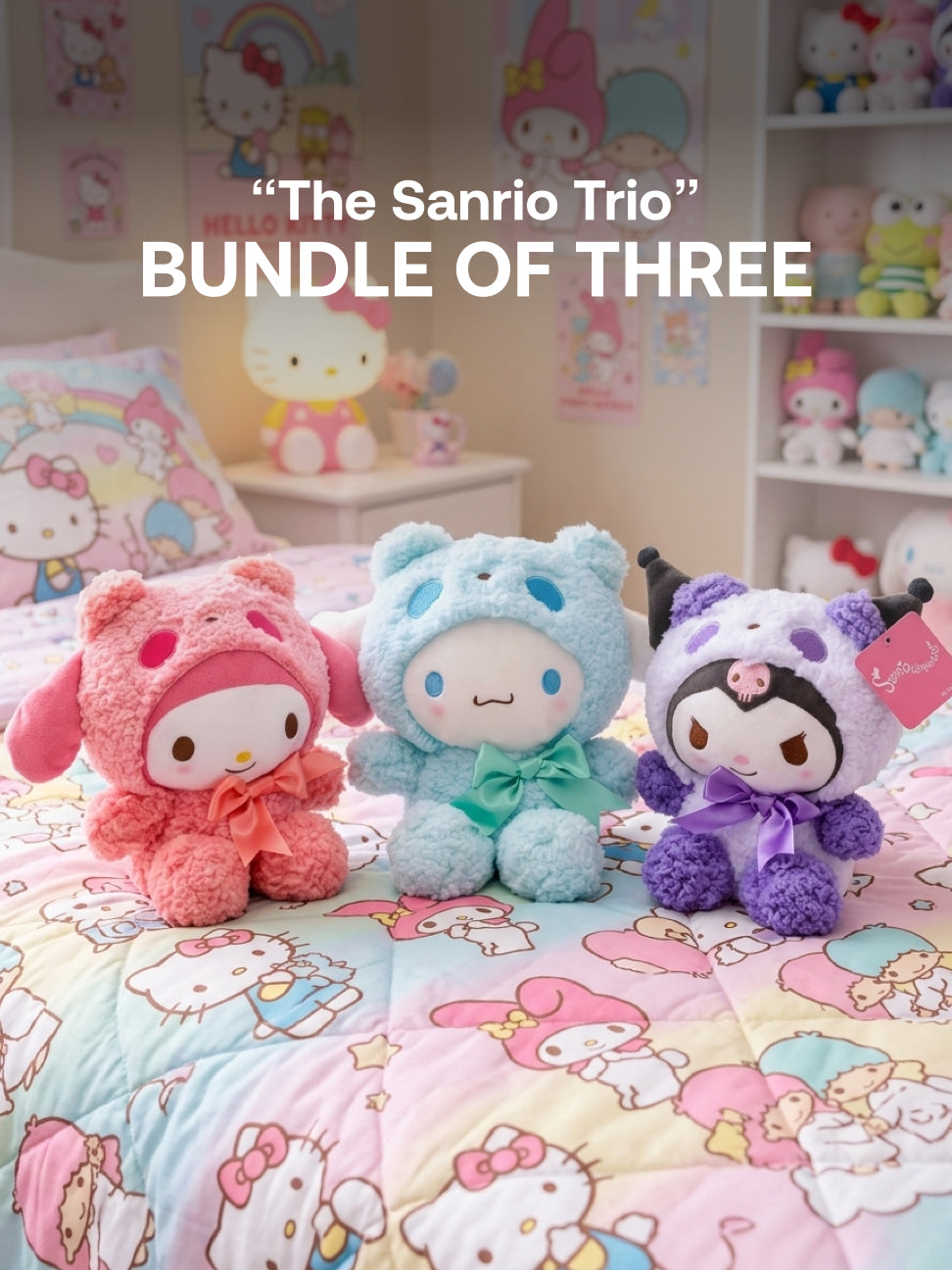 Sanrio - 20cm Tall - My Melody, Kuromi, Cinnamoroll Plushie - “The Sanrio Trio” Bundle - Bundle of Three