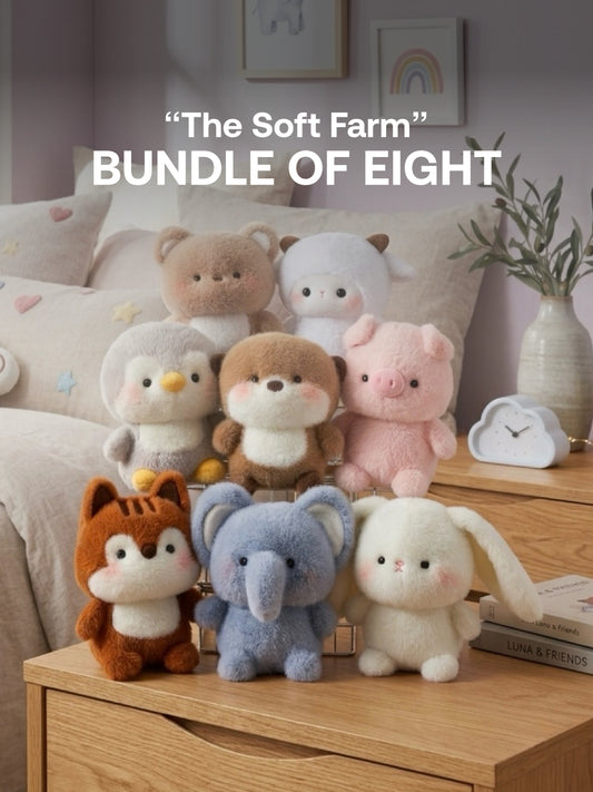 Plushie - 16cm Tall - Sheep, Teddy Bear, Piggie, Otter, Penguin, Rabbit, Elephant, Fox Plushie - “The Soft Farm” Bundle - Bundle of Eight