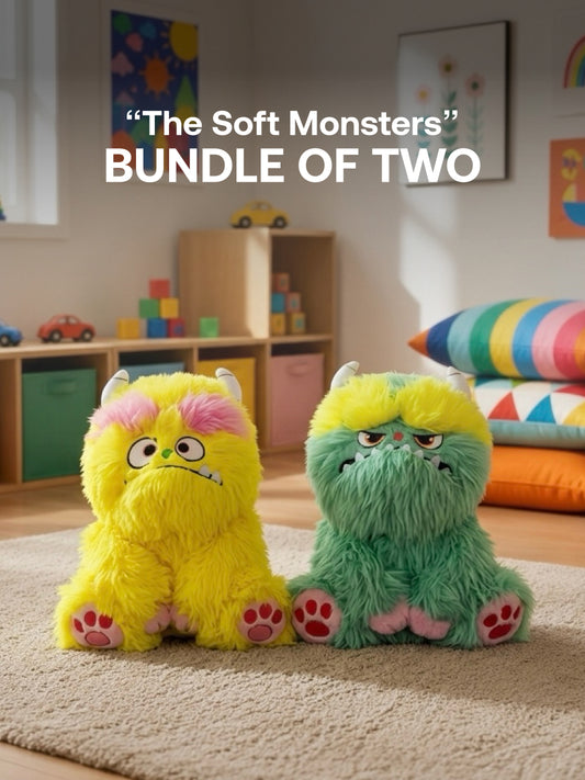 Plushie - 27cm Tall - Green Monster, Yellow Monster Plushie - “The Soft Monsters” Bundle - Bundle of Two