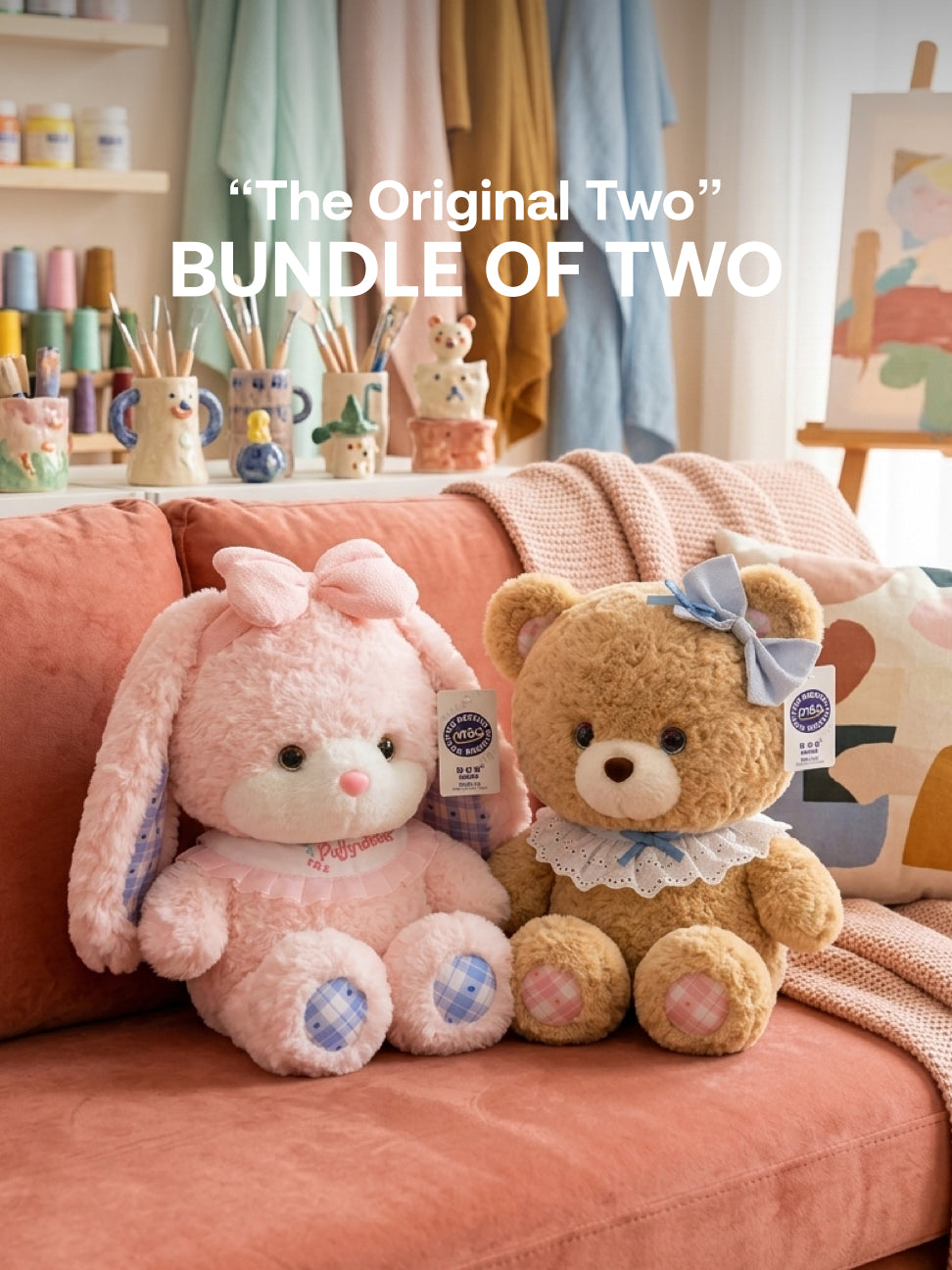Plushie - 25cm Tall - Teddy Bear, Bunny Plushie - “The Original Two” Bundle - Bundle of Two